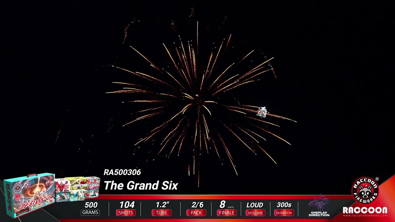 RA500306 RACCOON FIREWORKS THE GRAND SIX104-SHOT RDX CAKE ASSORIMENT