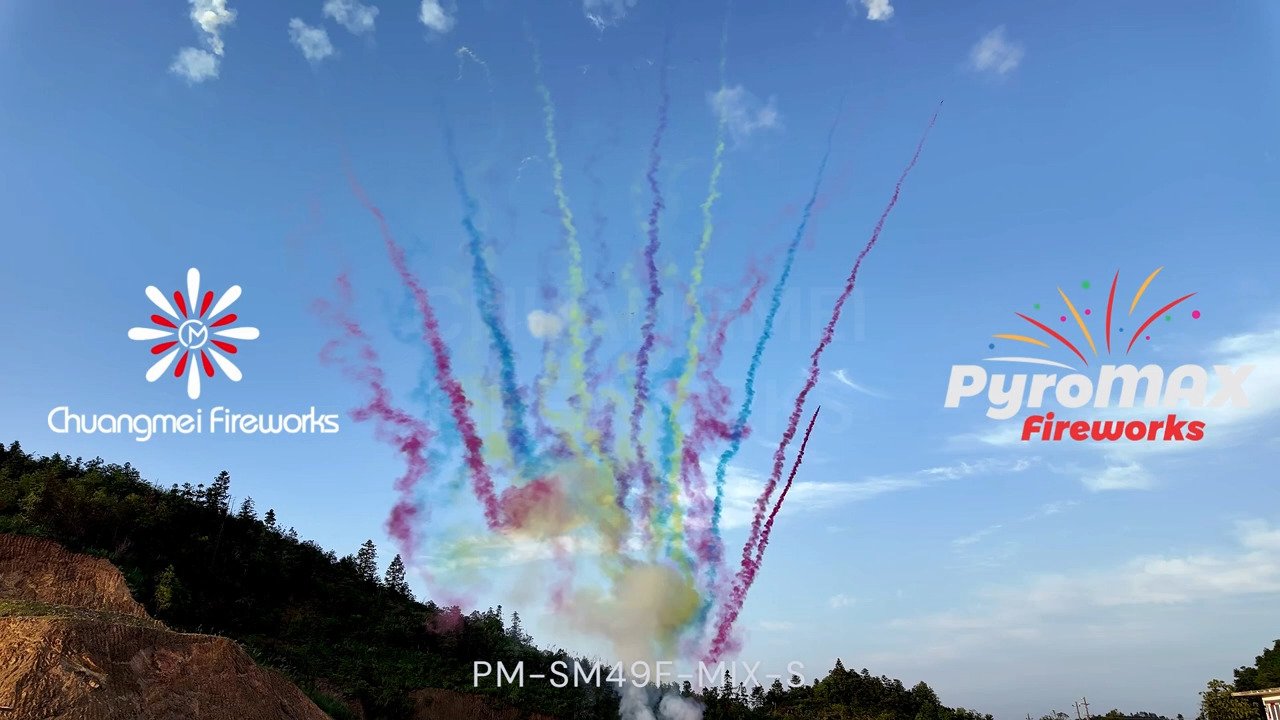 Colorful SM Comet + White Strobe Waterfall w/Silver Strobe Mine
(49Shot, Fan)