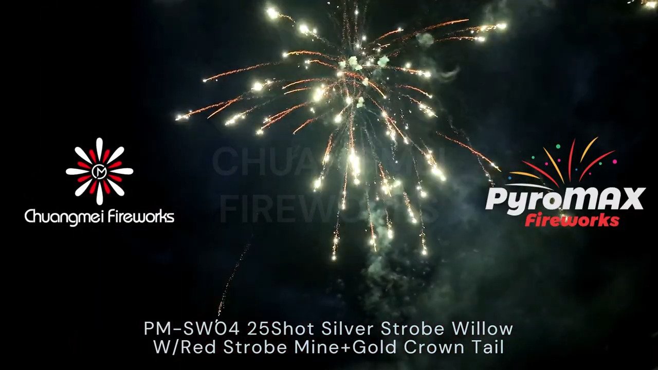 25Shot Silver Strobe Willow W/Red Strobe Mine+Gold Crown Tail