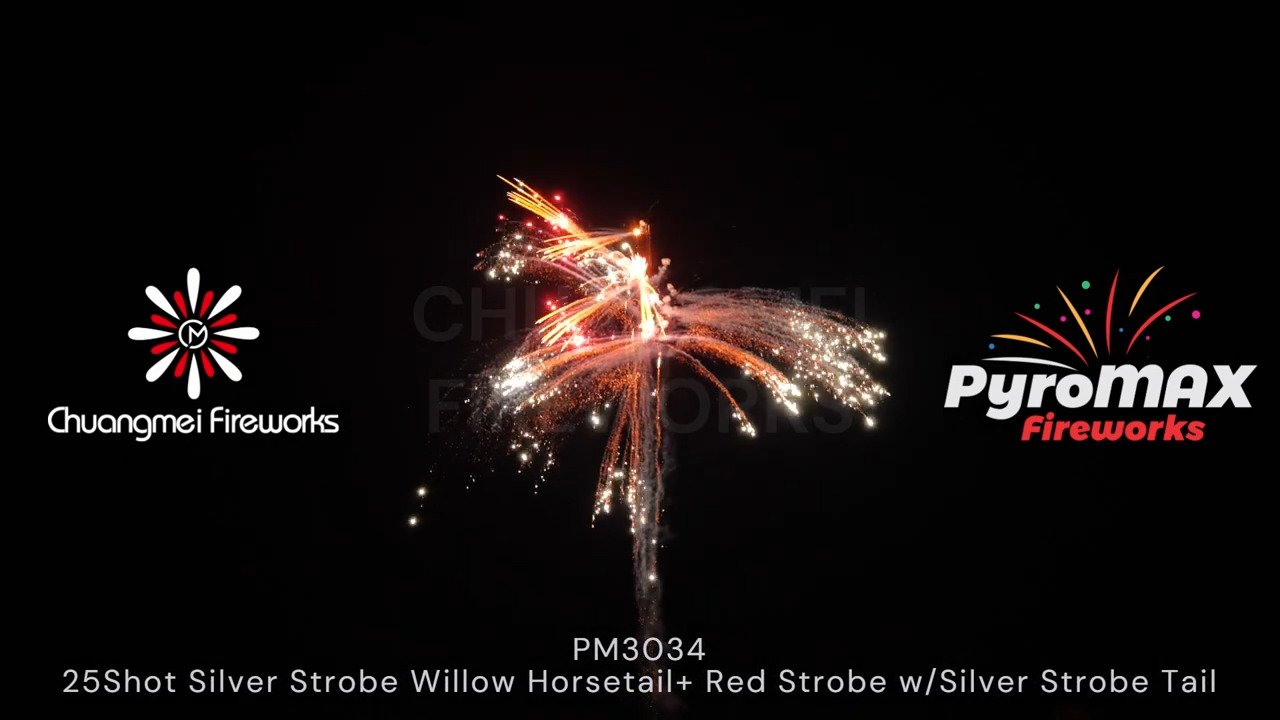 25Shot Silver Strobe Willow Horsetail+ Red Strobe w/Silver Strobe Tail (5-7 sec)