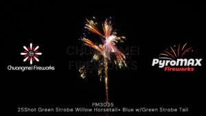 25Shot Silver Strobe Willow Horsetail+ Blue w/Green Strobe Tail (5-7 sec)